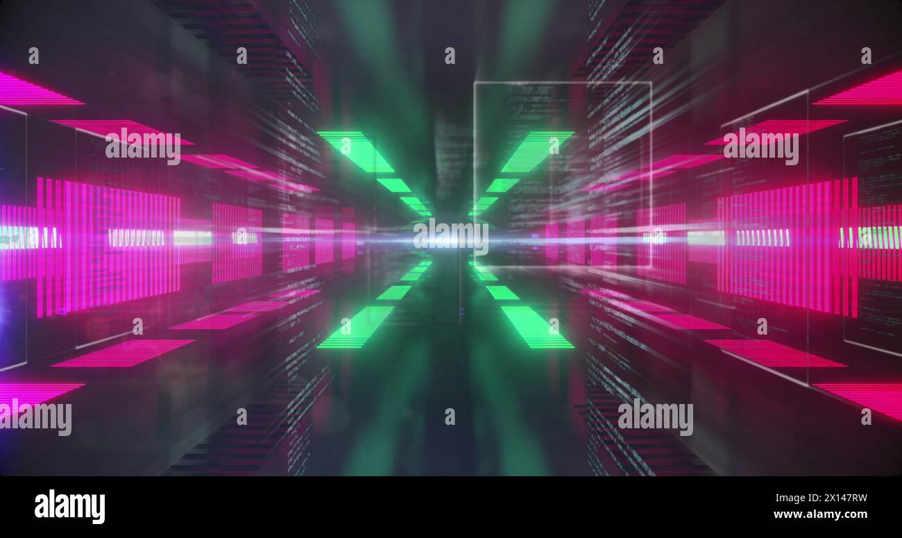 Image of screens with data processing over neon tunnel in seamless pattern Stock Photo