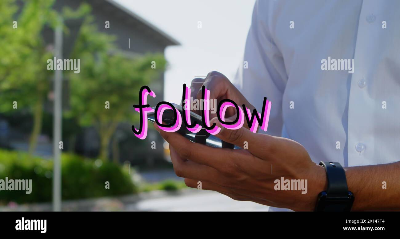 Image of follow text and data processing over biracial man using smartphone Stock Photo