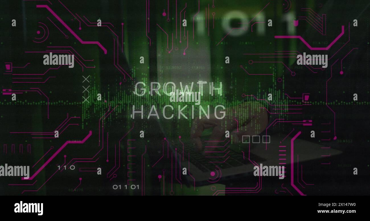 Image of growth hacking text and data processing over hacker using laptop Stock Photo