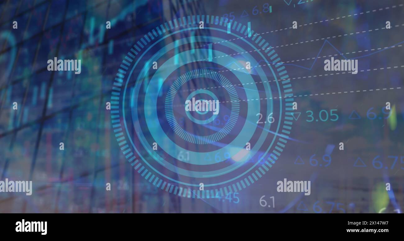 Image of scope scanning and data processing over cityscape Stock Photo