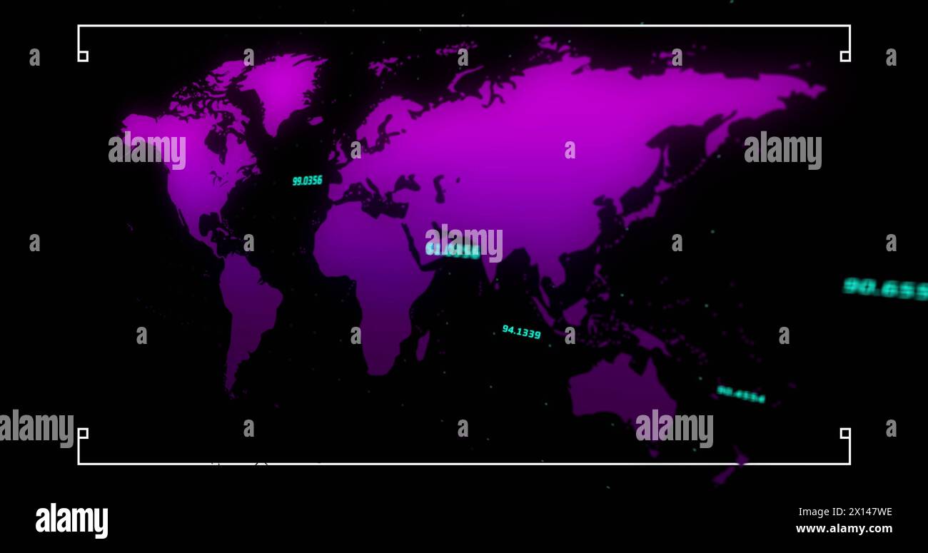 Image of data processing over world map on black background Stock Photo ...