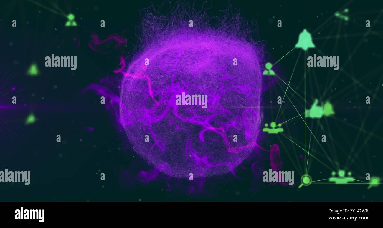 A digital image of a computer network concept is shown with a globe of connections and green social Stock Photo