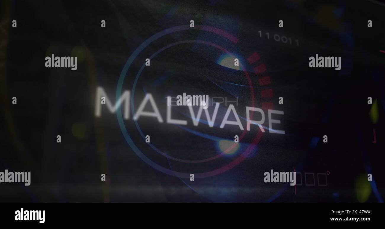 Image of malware text and data processing over computer motherboard Stock Photo