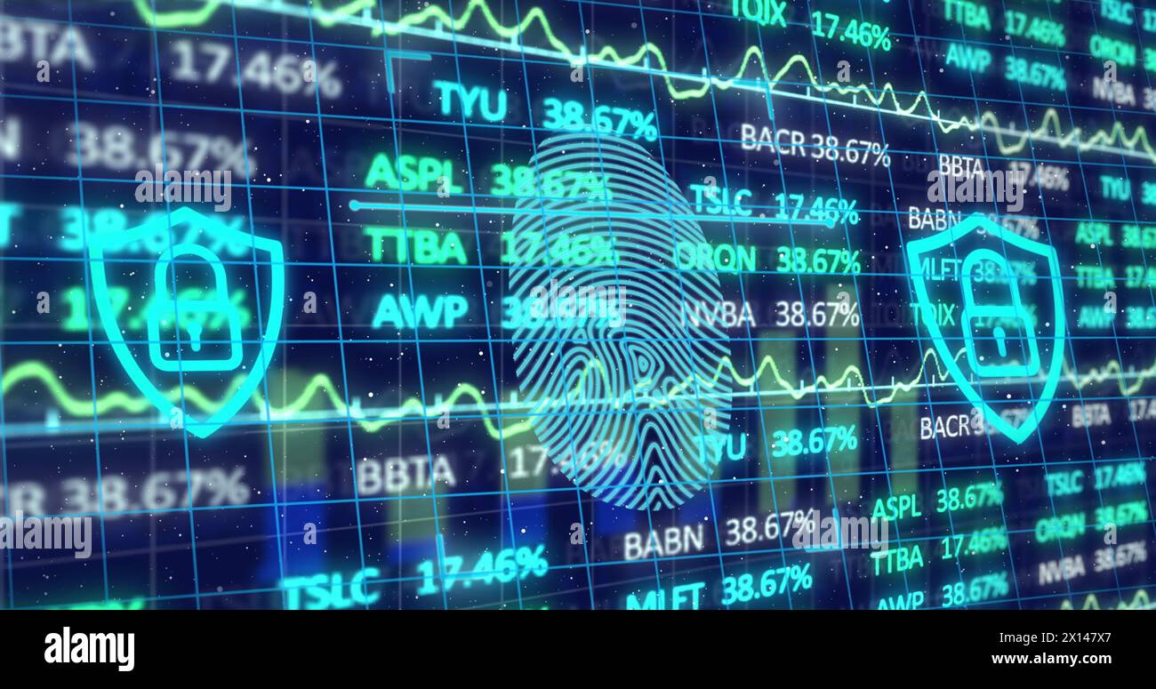 Image of data processing and padlocks with fingerprint over blue background Stock Photo
