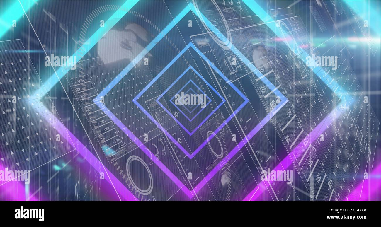 Image of gradient tunnel in seamless pattern over screens with data processing Stock Photo