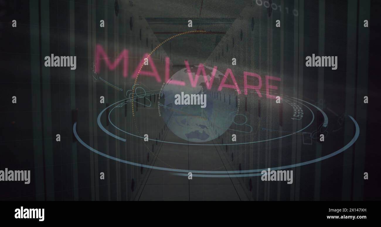 Image of malware text and data processing over computer motherboard and servers Stock Photo