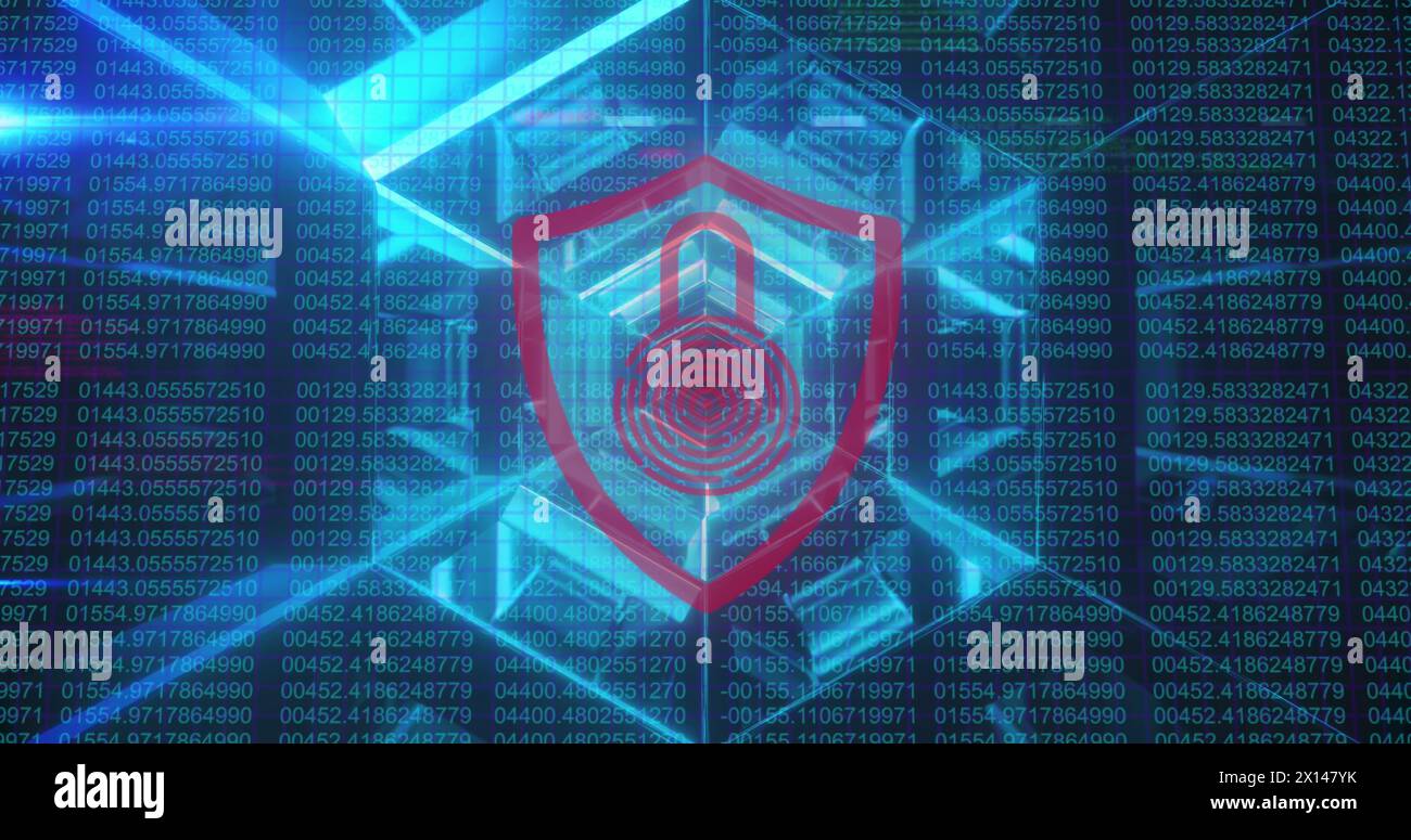 Image of security padlock icon over blue tunnel in seamless pattern against binary coding Stock Photo