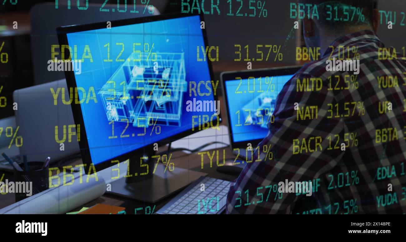 Composite of financial data processing over businessman using computer in office Stock Photo