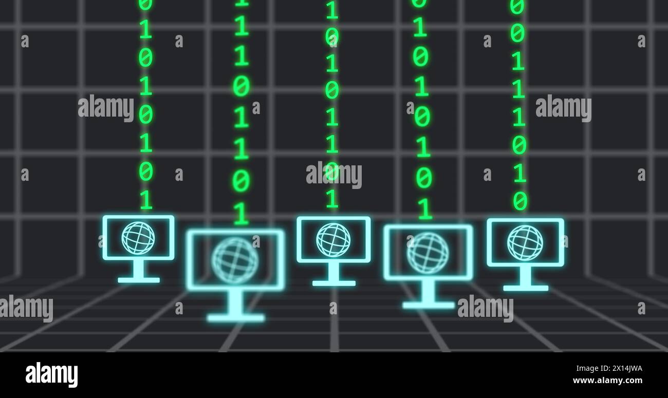 Image of cloud icon and digital screens over binary coding Stock Photo