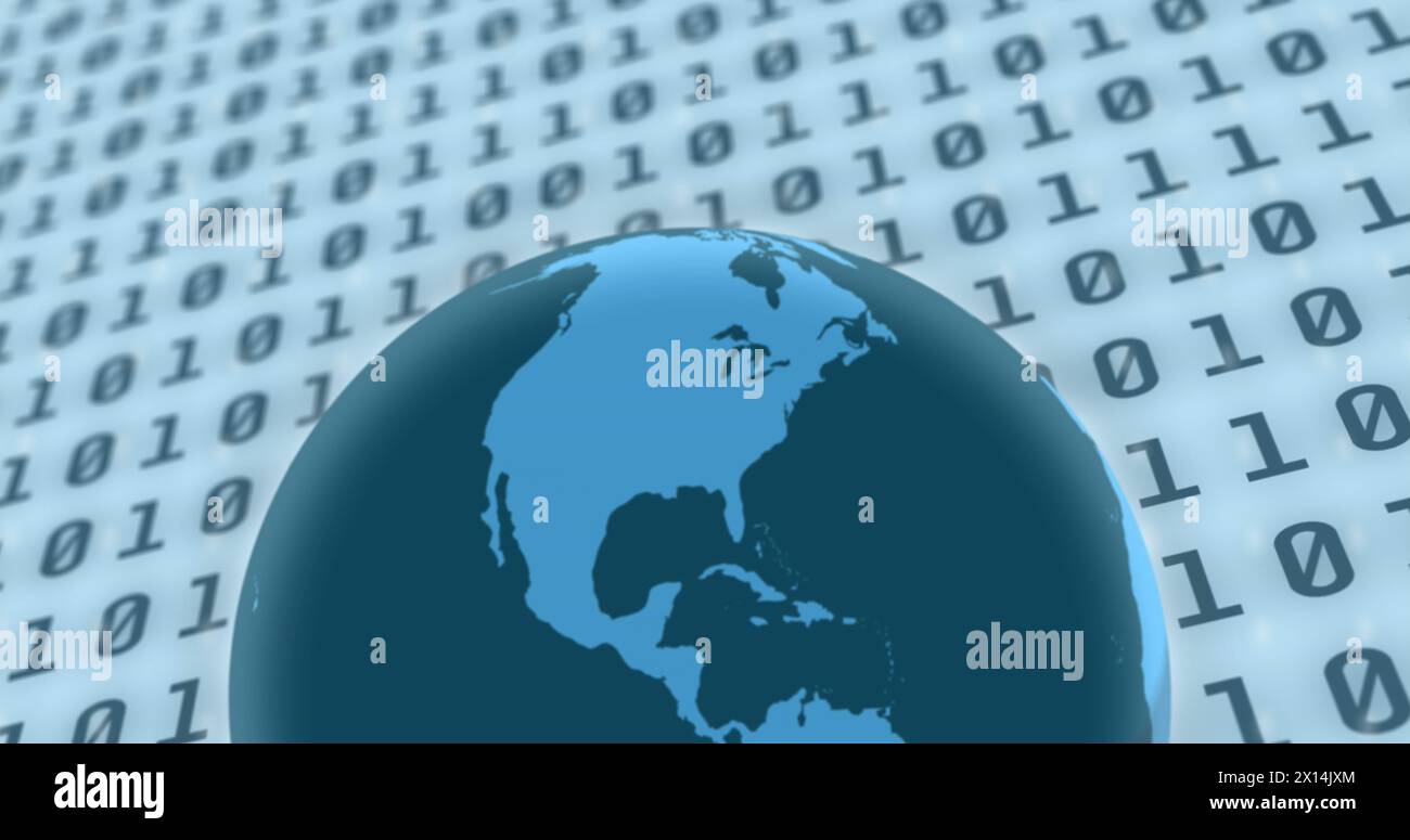 Image of globe with computer and envelope icons over binary coding Stock Photo