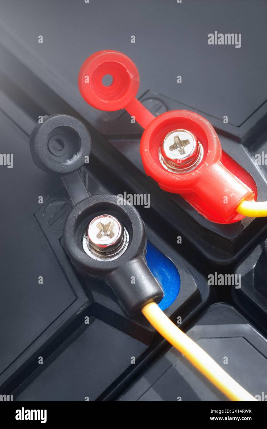 The Terminals Of Lead Acid Batteries Connected In Series. Closeup View