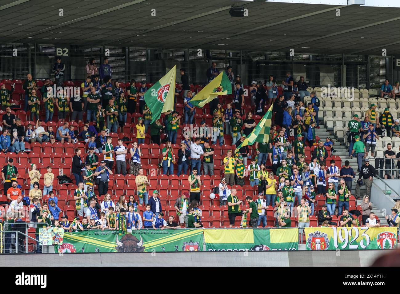 04.13.2024 Krakow (Cracow) Poland, Football, PKO BP Ekstraklasa 2023/2024, Puszcza Niepolomice - Lech Poznan op: Puszcza Niepolomice Fans, supporters Stock Photo