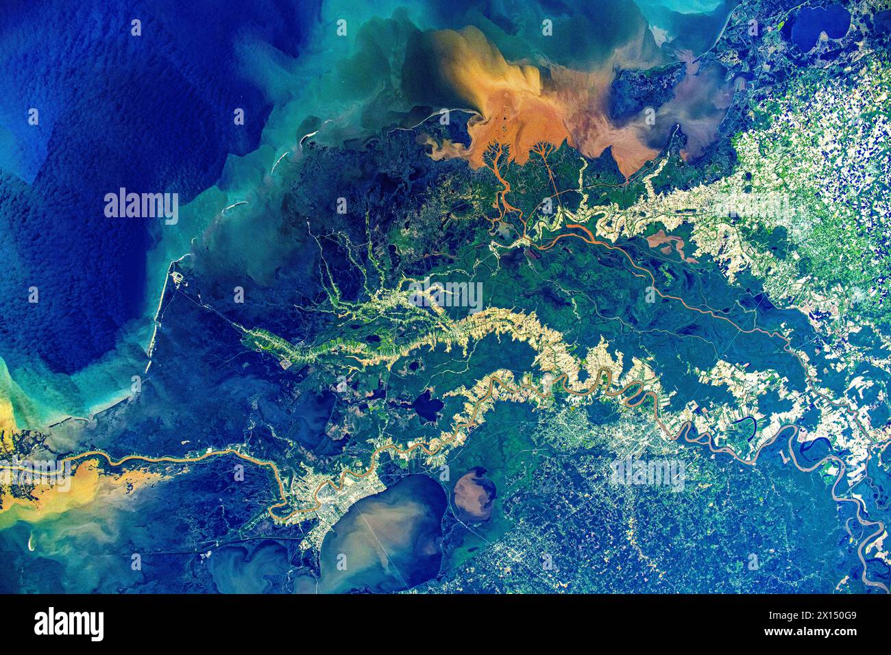 Land and water features in Mississippi, USA. Digital enhancement of an ...