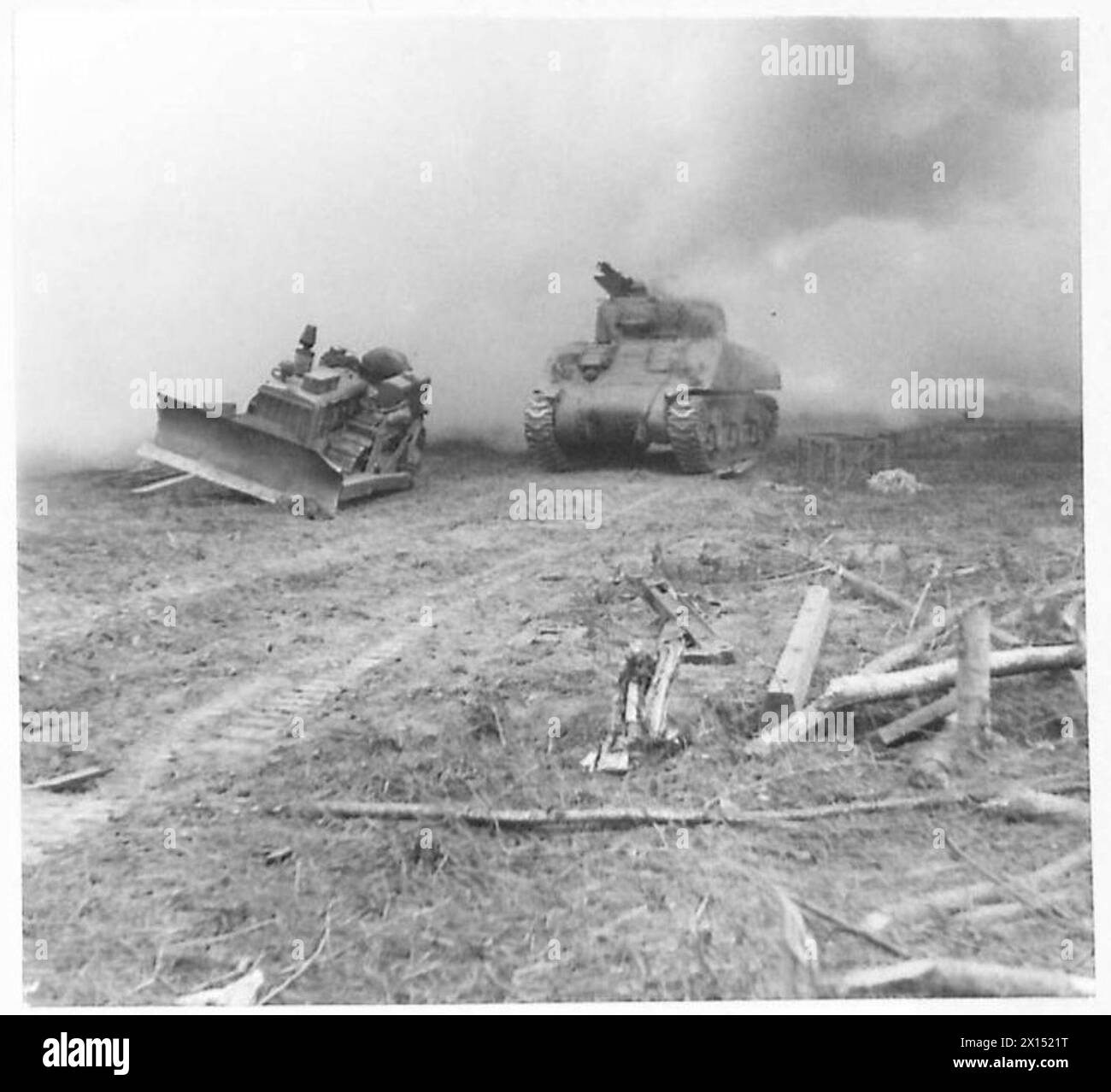 A Sherman tank advances through smoke during the Eighth Army assault on the Gustav Line in Italy, British Army. Stock Photo