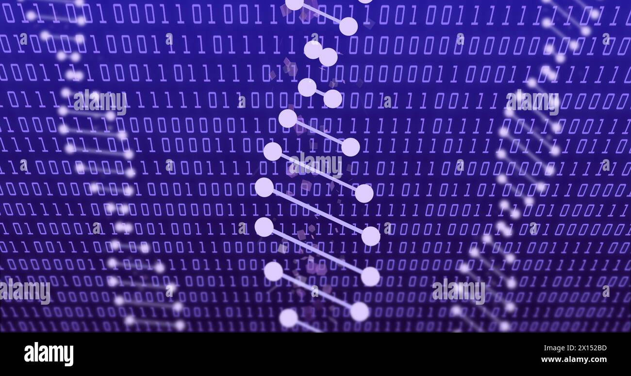 Image of data processing with dna strands on blue background Stock Photo