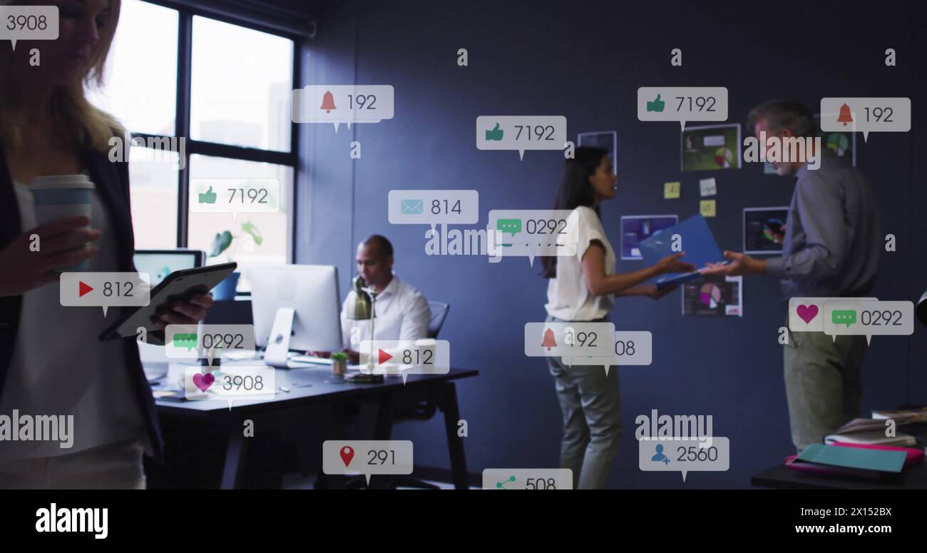 Image of changing numbers, icons in notification bars over diverse coworkers discussing reports Stock Photo