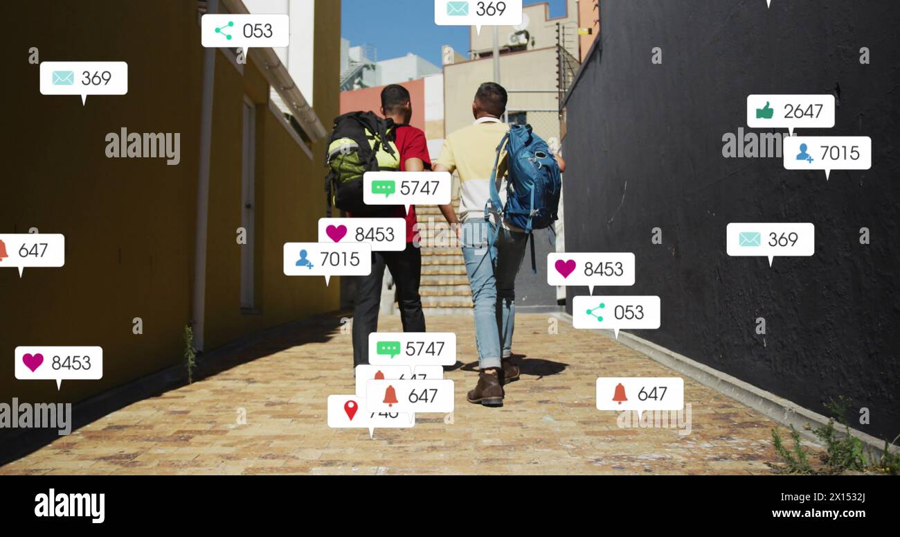 Image of notification bars over diverse friends discussing while walking on street Stock Photo