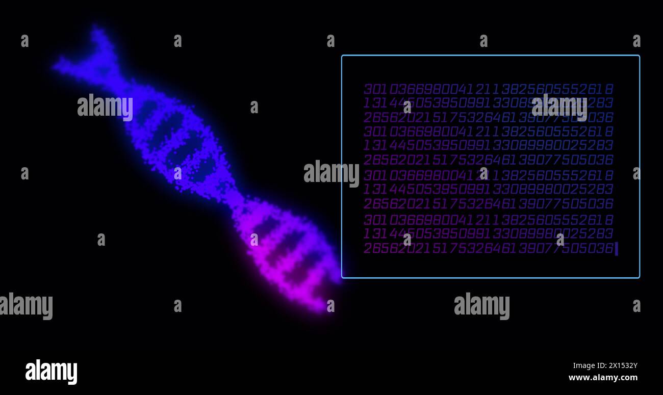Image of data processing with dna strand on black background Stock Photo