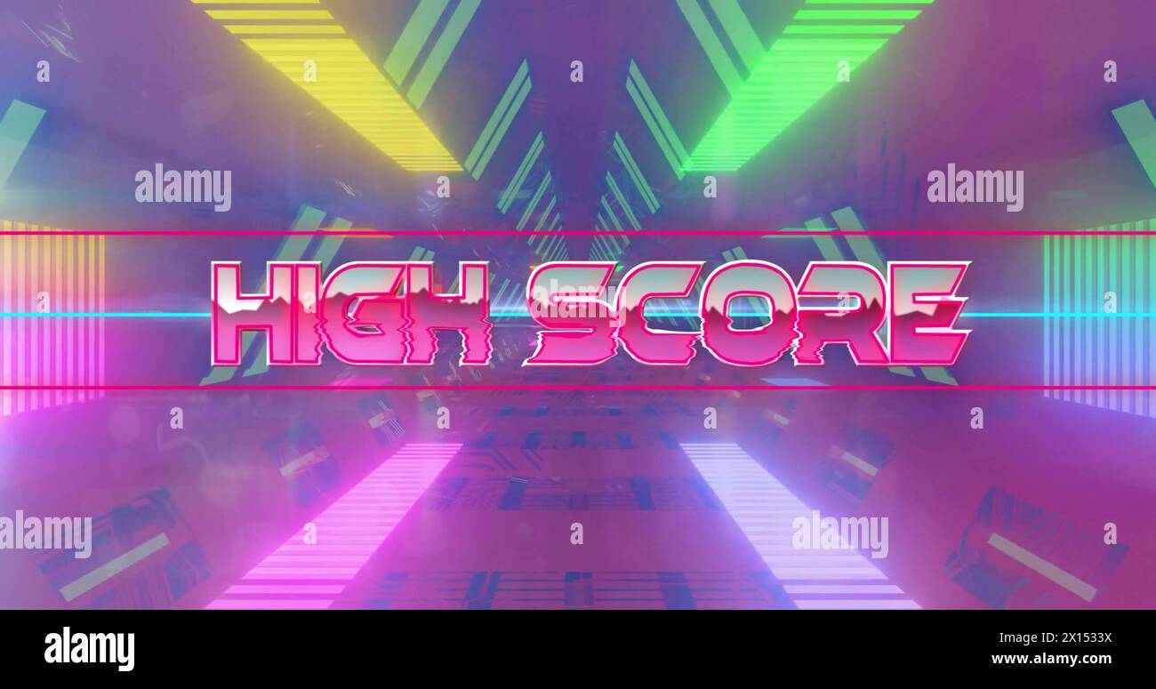 Image of high score text over neon pattern background Stock Photo