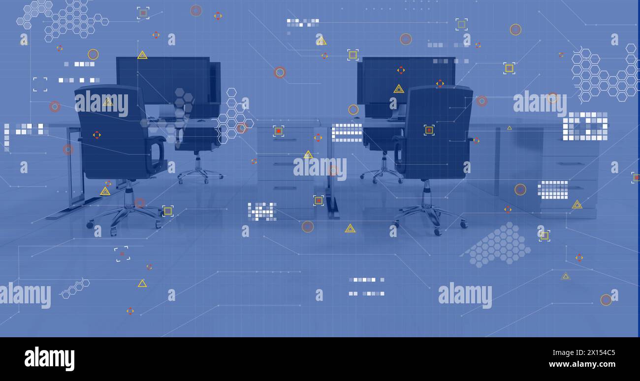 Image of financial data processing over office with computers on desks Stock Photo