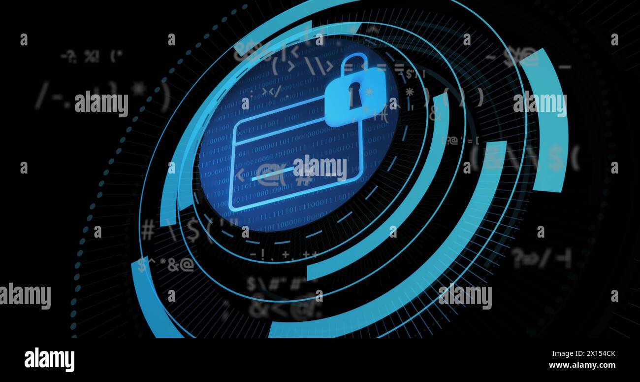 Image of padlock and credit card in loading circles over symbols against black background Stock Photo