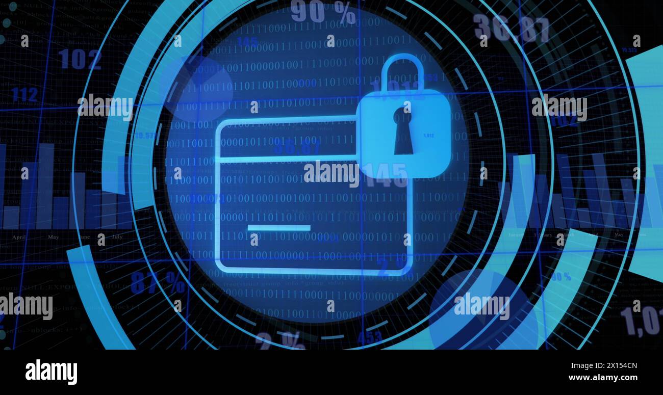 Image of security padlock icon on round scanner against statistical data processing Stock Photo