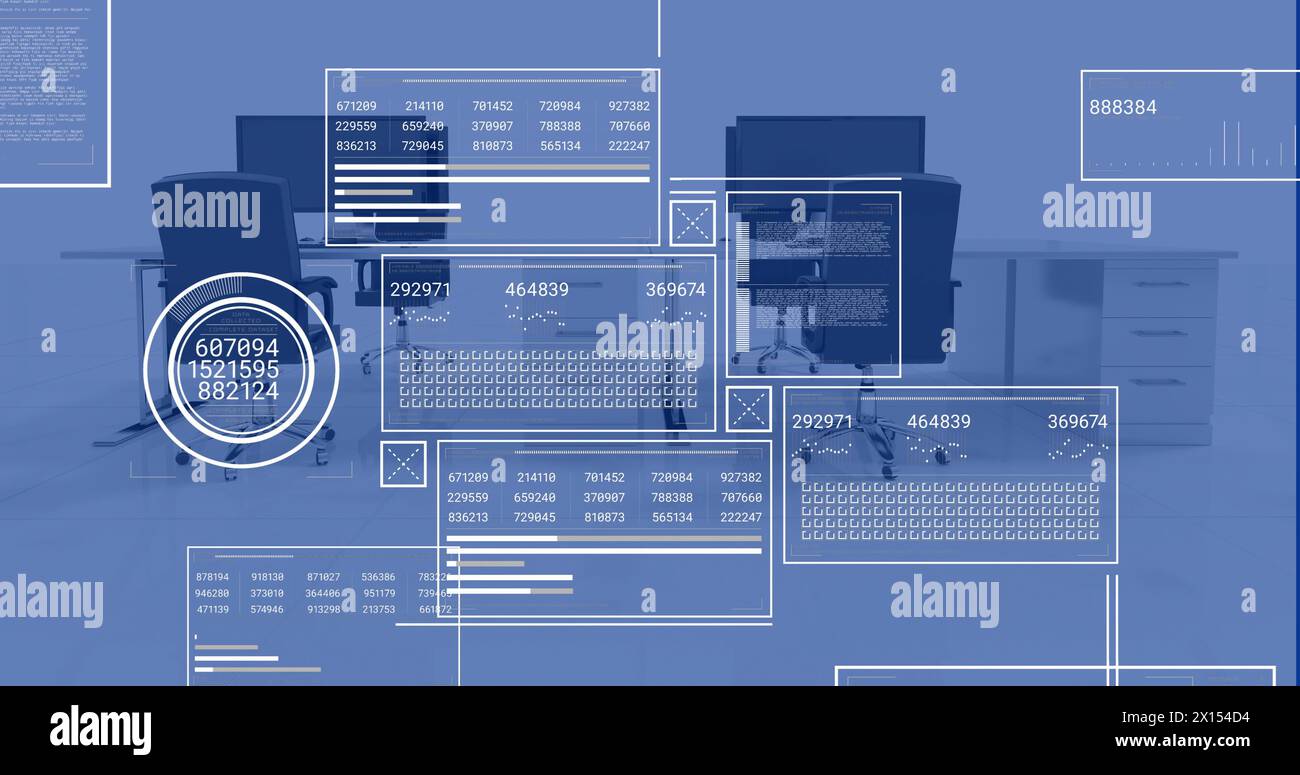 Image of financial data processing over office with computers on desks Stock Photo
