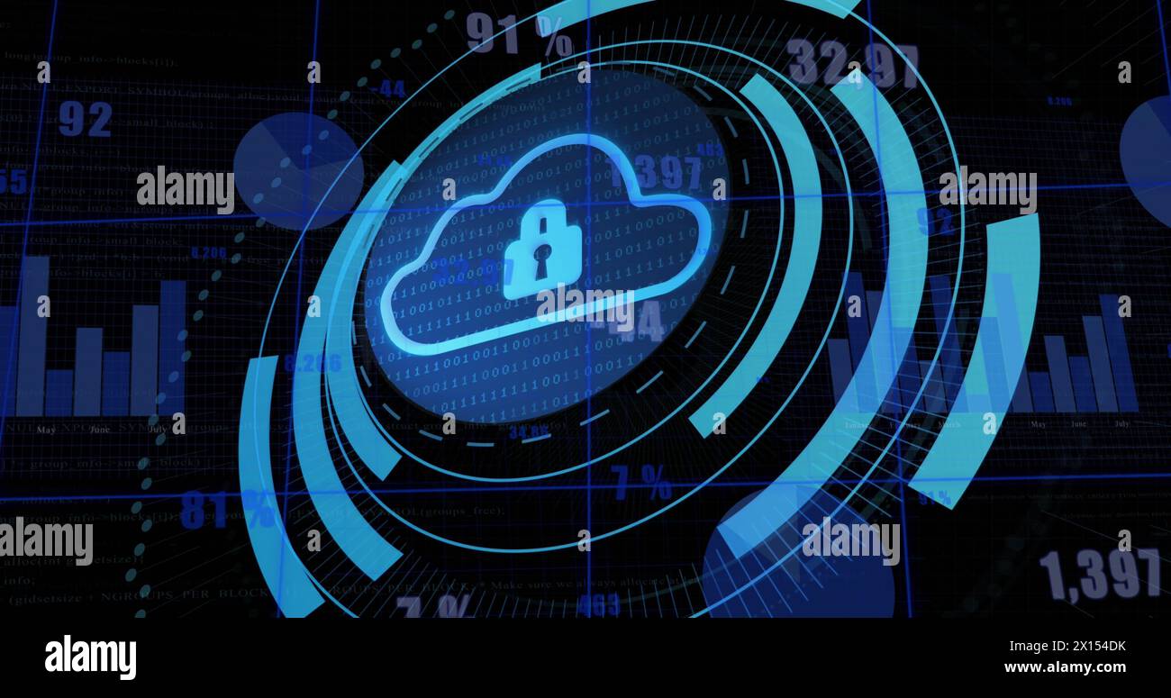 Image of security padlock and cloud icon on round scanner against statistical data processing Stock Photo