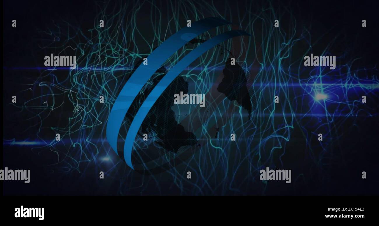 Image of data processing with globe over light trails on black ...