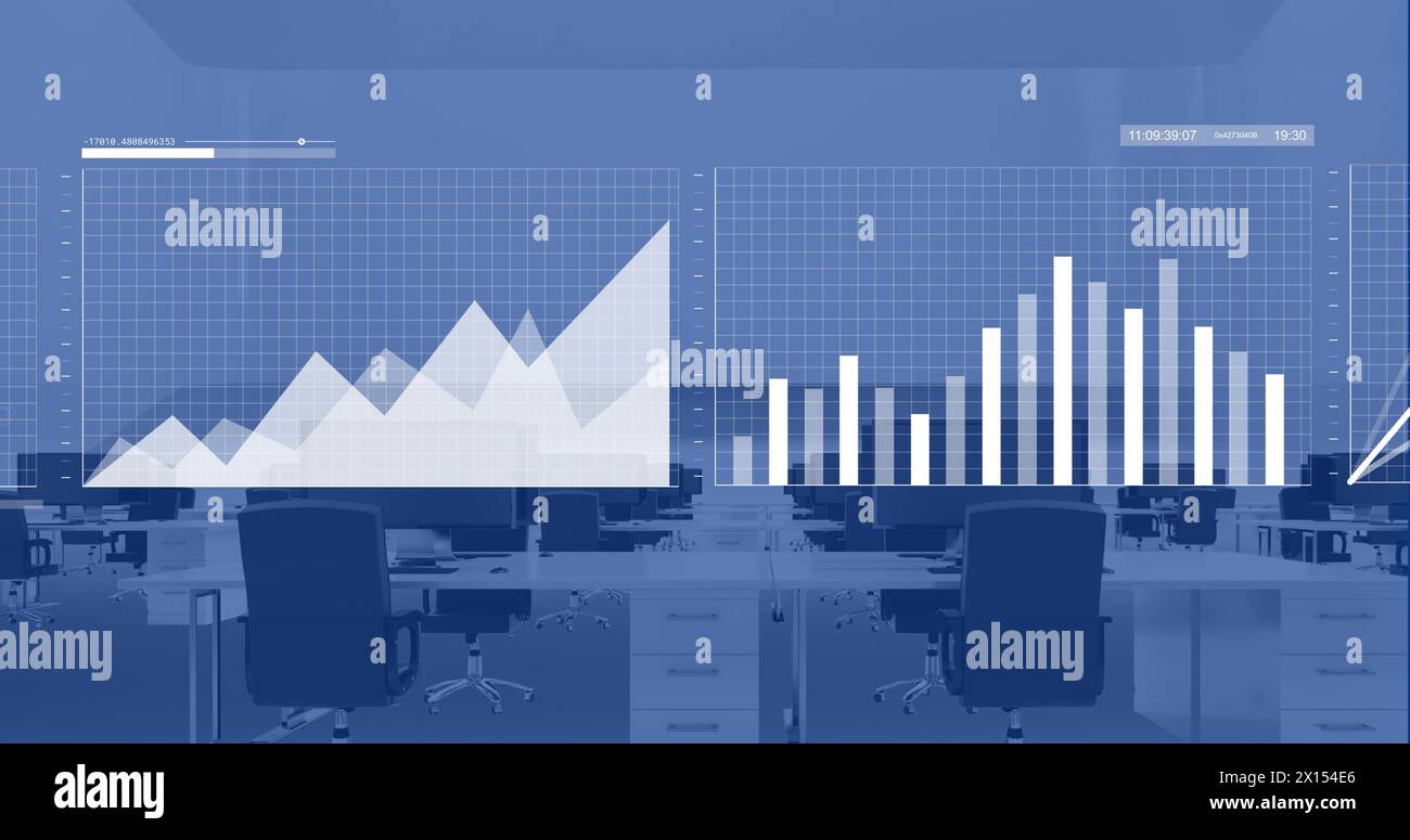 Image of financial data processing over office with computers on desks Stock Photo