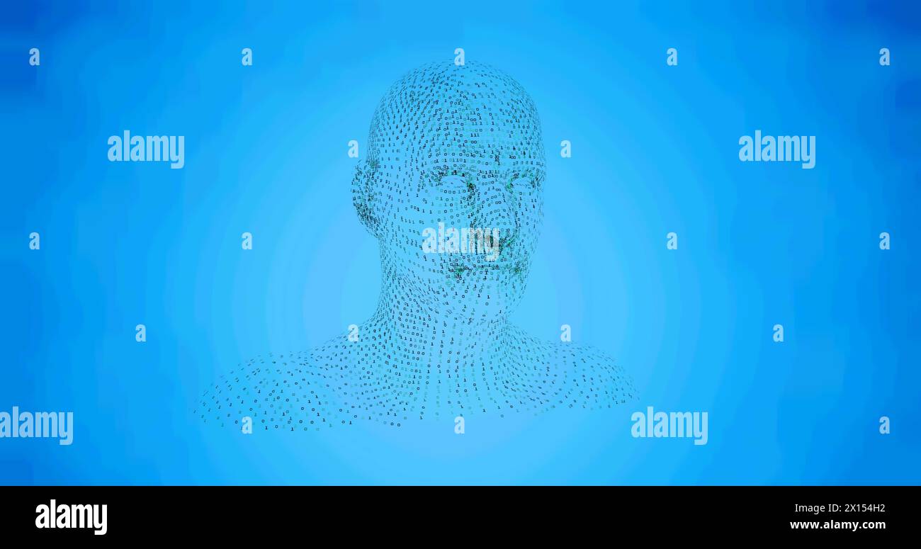 Image of human head formed with binary coding spinning over blue background Stock Photo