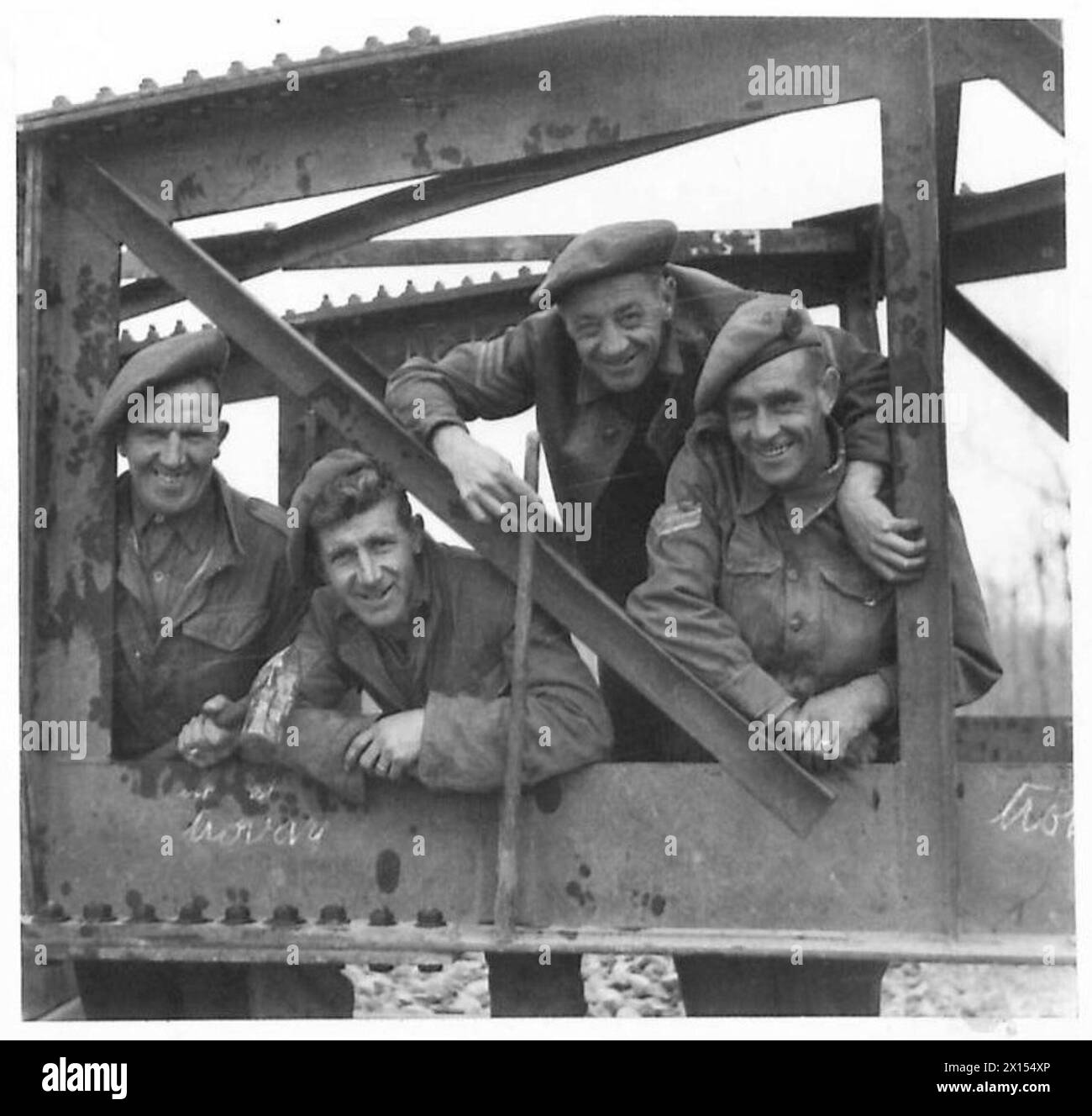 ITALY : OBSERVER STORY - Four 'Geordies' with the Unit. Left to right:- Spr. N. Anderson of Newcastle; Cpl. G. Fenwick of 1 North Junction Cottage, Percy-Main, Northumberland; Sgt. G.W. Robinson of 2 Station Cottages, Lowfell, Gateshead-on-Tyne. Sgt. J. Jackson of 6 Lucy Street, Stanley, Co.Durham British Army Stock Photo