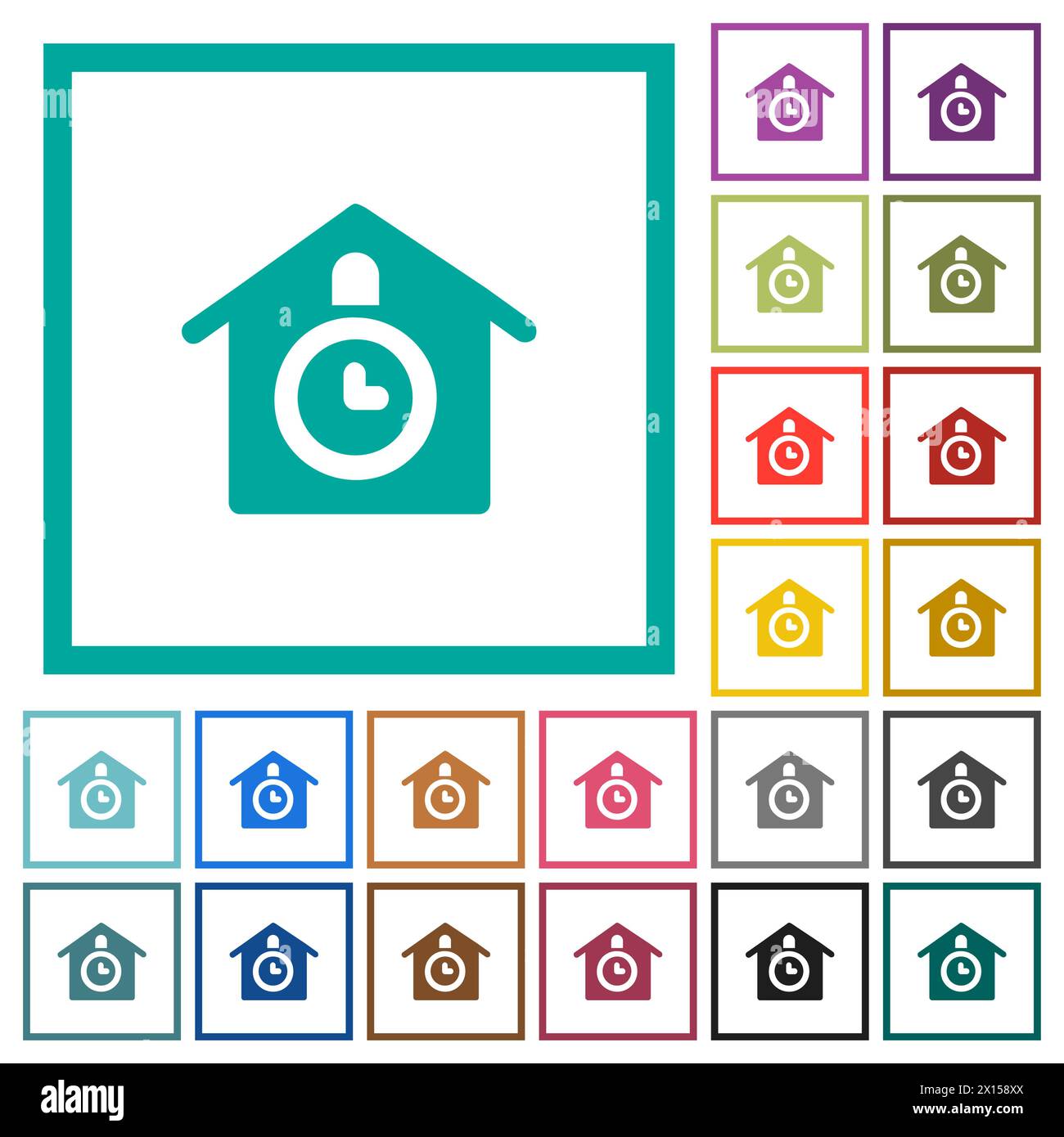 Cuckoo clock solid flat color icons with quadrant frames on white background Stock Vector