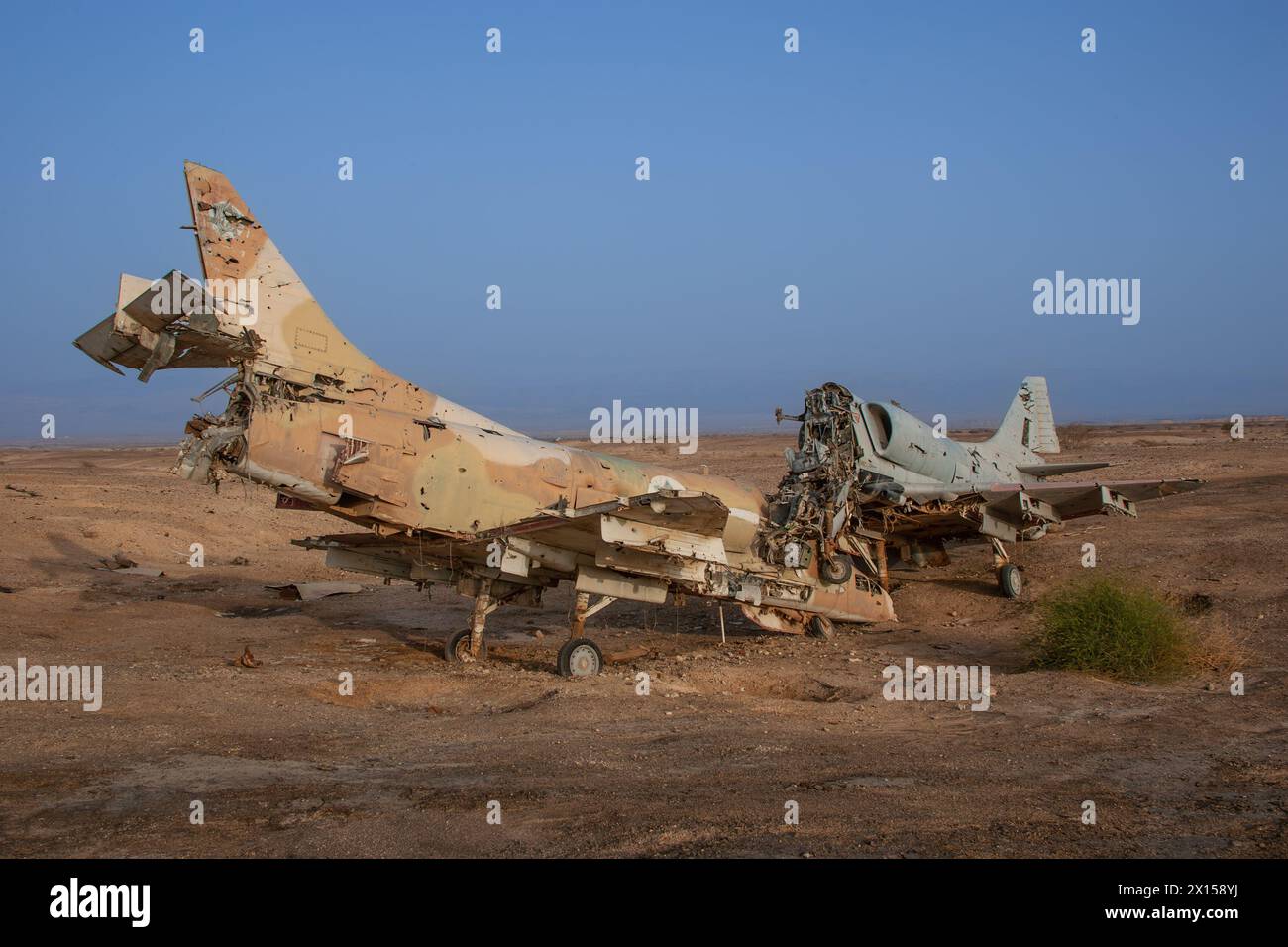 Destroyed fighter planes in the Negev desert Israel Stock Photo
