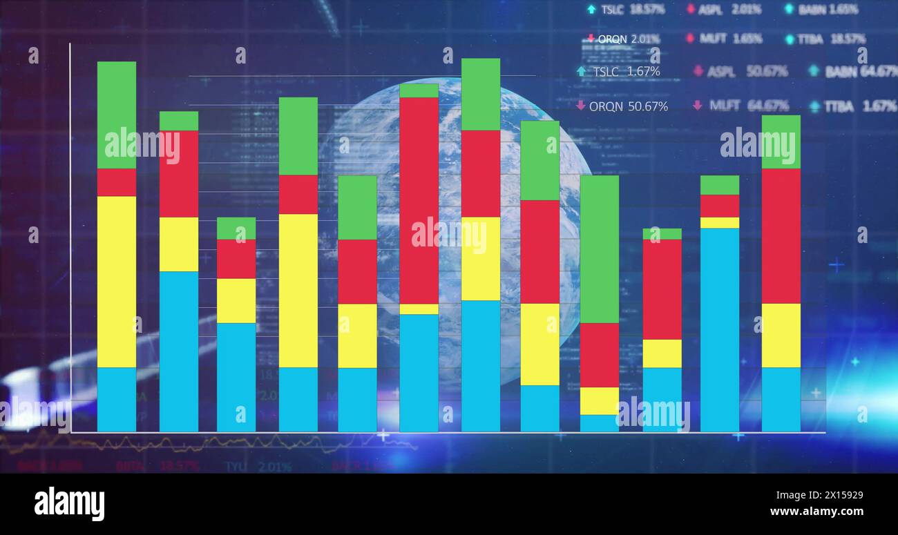 Image of statistics and financial data processing wtih globe over grid Stock Photo