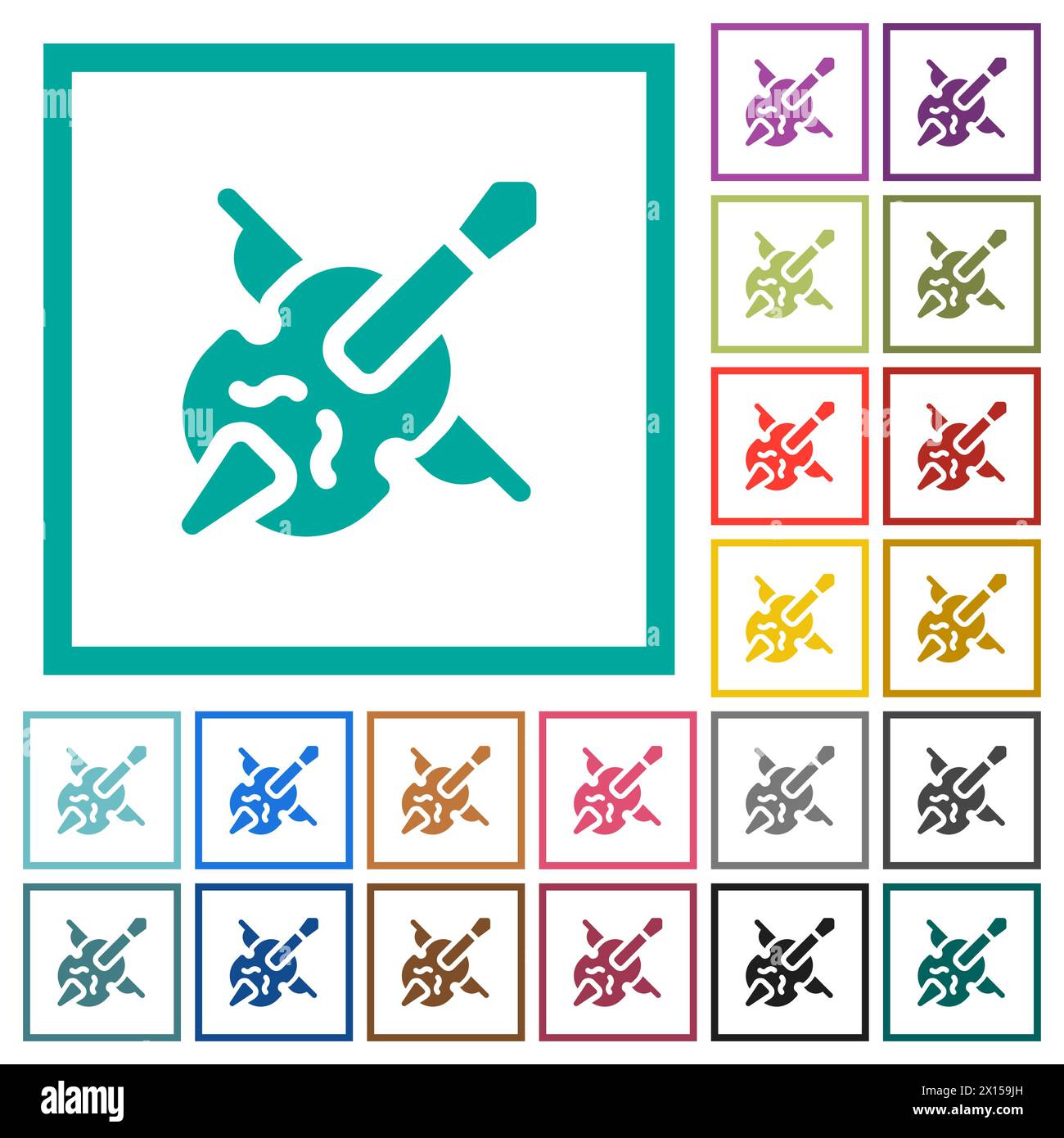 Double bass and bow solid flat color icons with quadrant frames on white background Stock Vector