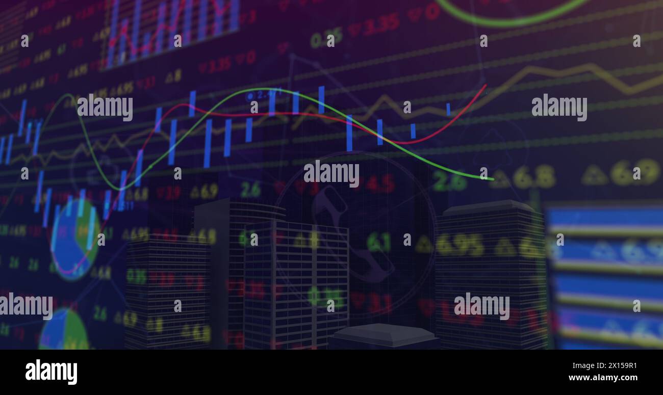 Image of data processing and city on blue background Stock Photo
