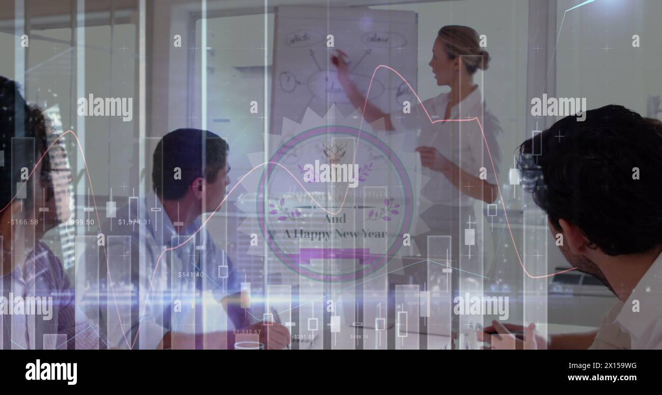 Image of statistics and data processing over diverse business people Stock Photo