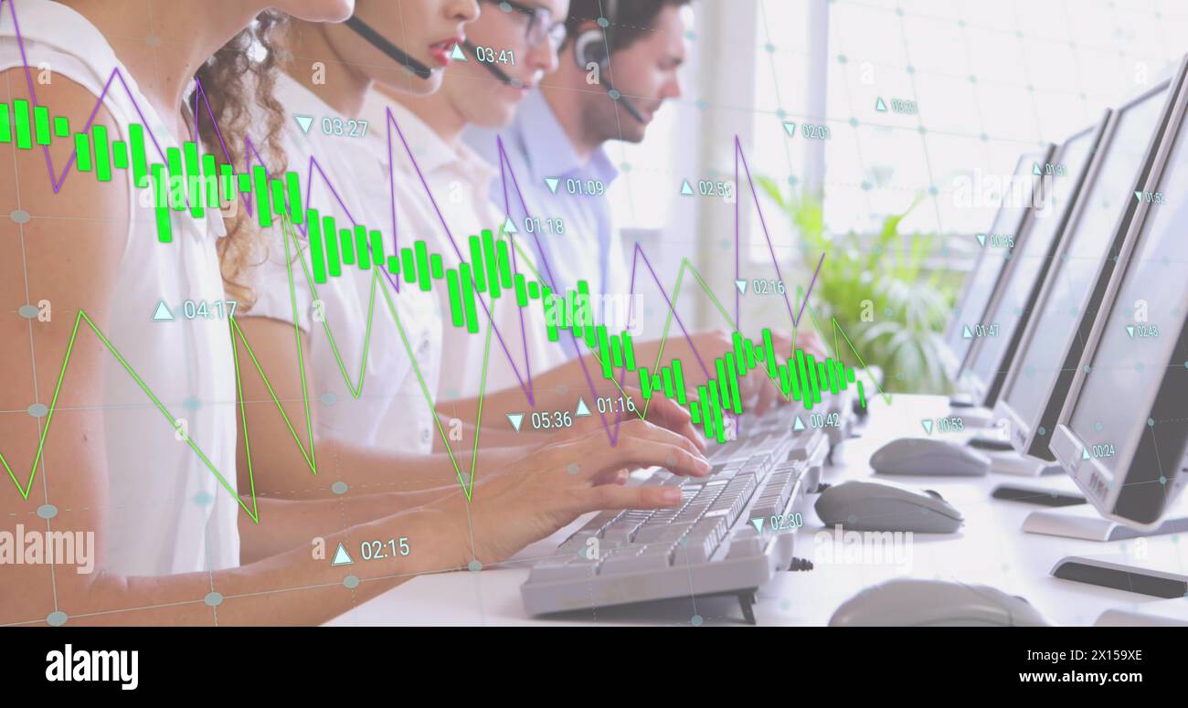 Image of graphs over diverse female and male consultants working Stock Photo