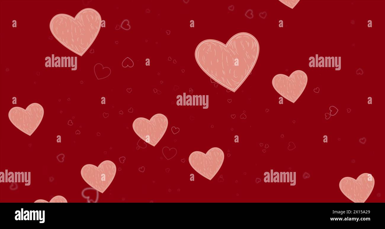Image of hearts floating over red background Stock Photo