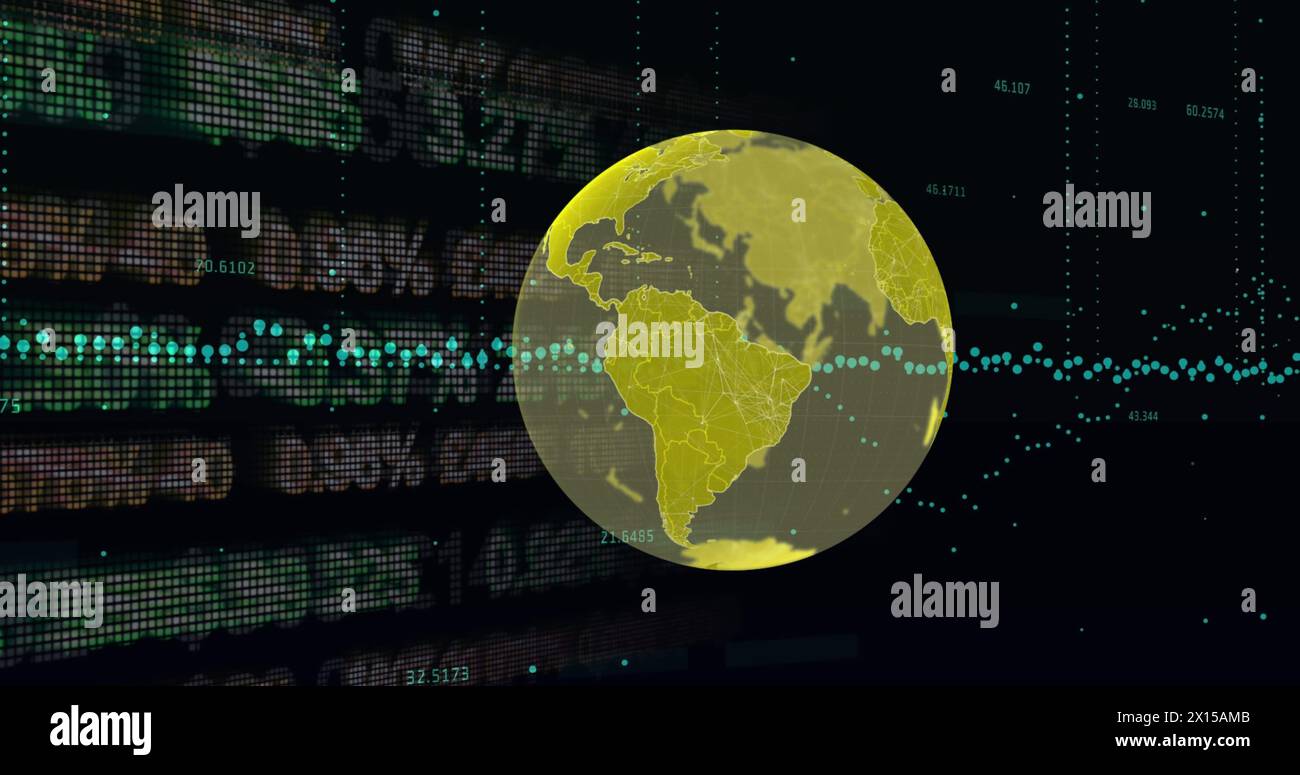 Image of globe over financial data processing Stock Photo