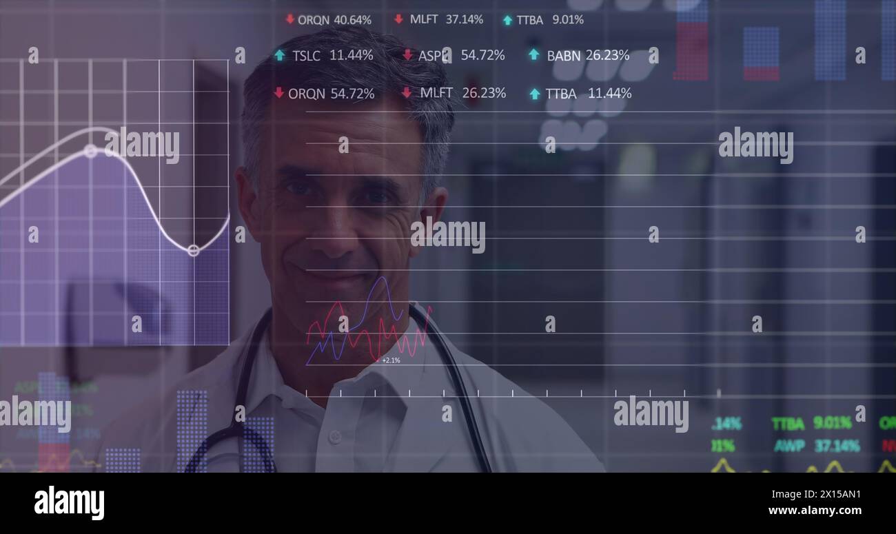 Image of data processing and squares over male doctor with financial data processing Stock Photo