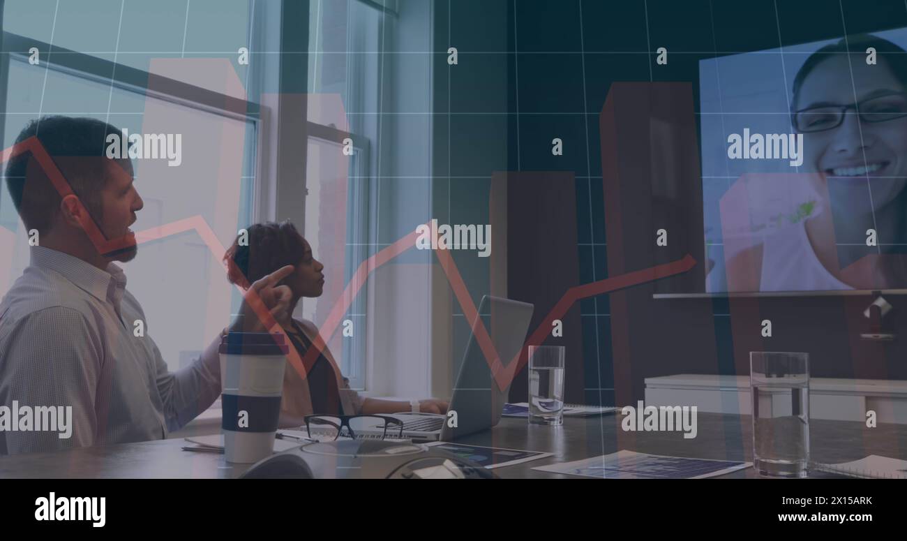 Statistical data processing over diverse businesspeople having a image conference at office Stock Photo