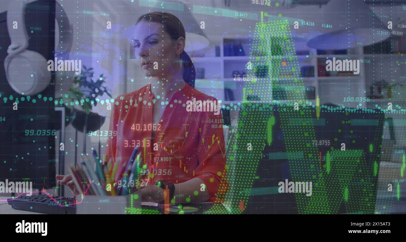 Financial data processing against caucasian woman using computer at office Stock Photo