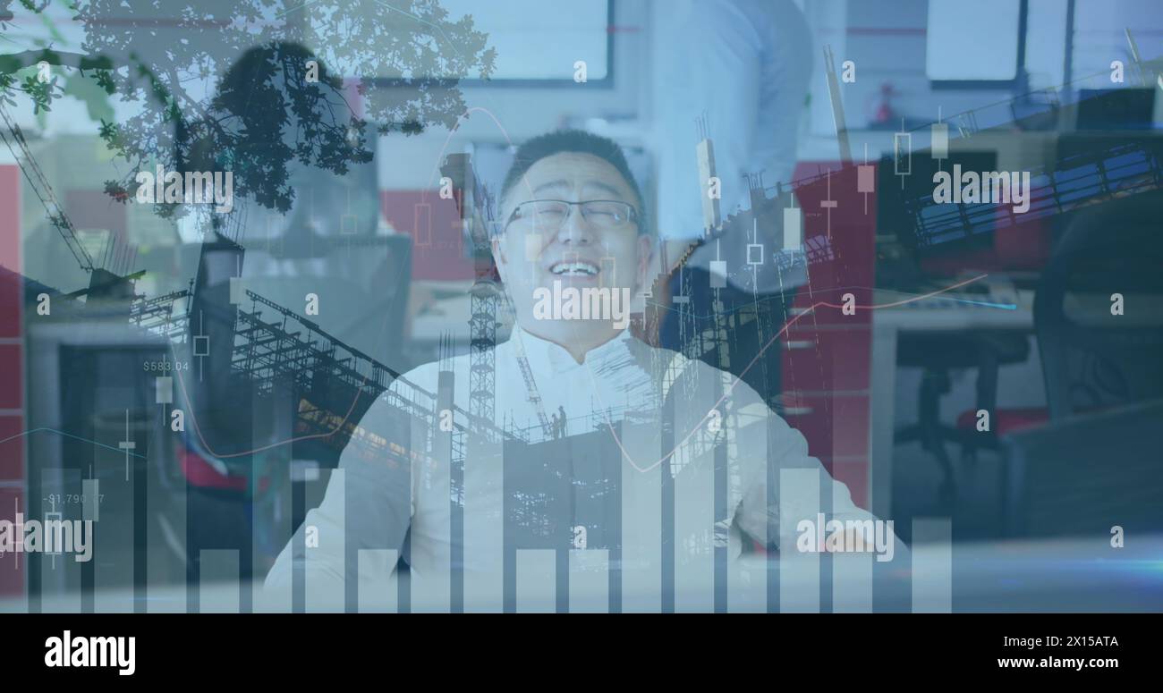 Image of data processing over asian businessman smiling Stock Photo