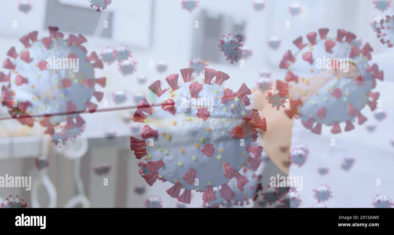 Image of virus cells over biracial female scientist with tool Stock Photo