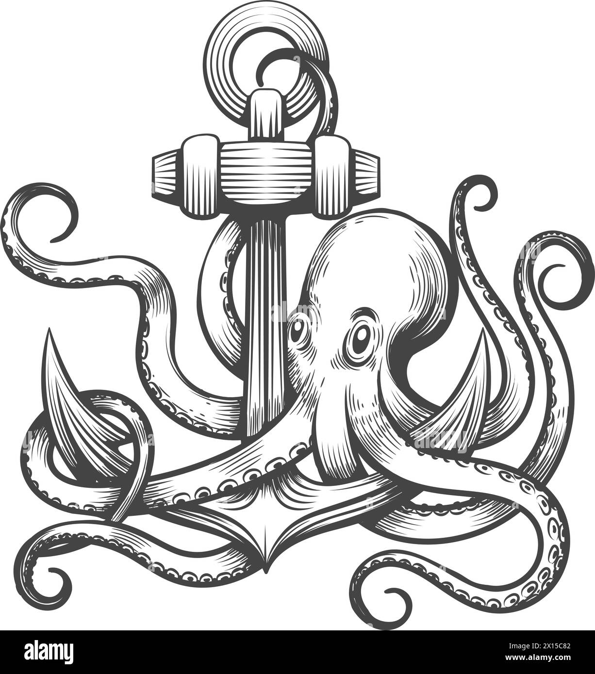 Engraving octopus and anchor tattoo Stock Vector