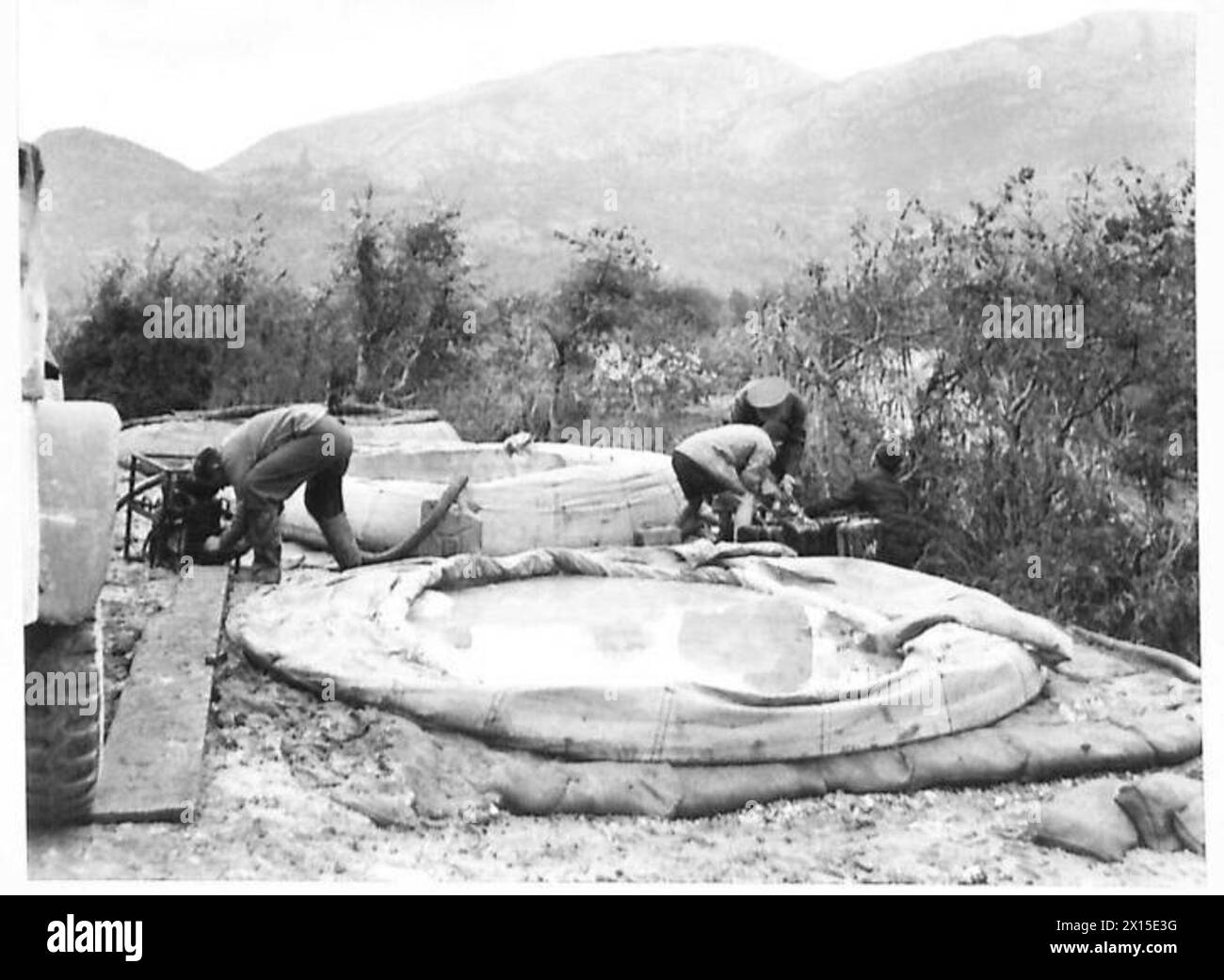 British Eighth Army canvas water tanks near Isernia, Italy, store 1,200 gallons to supply front-line troops. Stock Photo