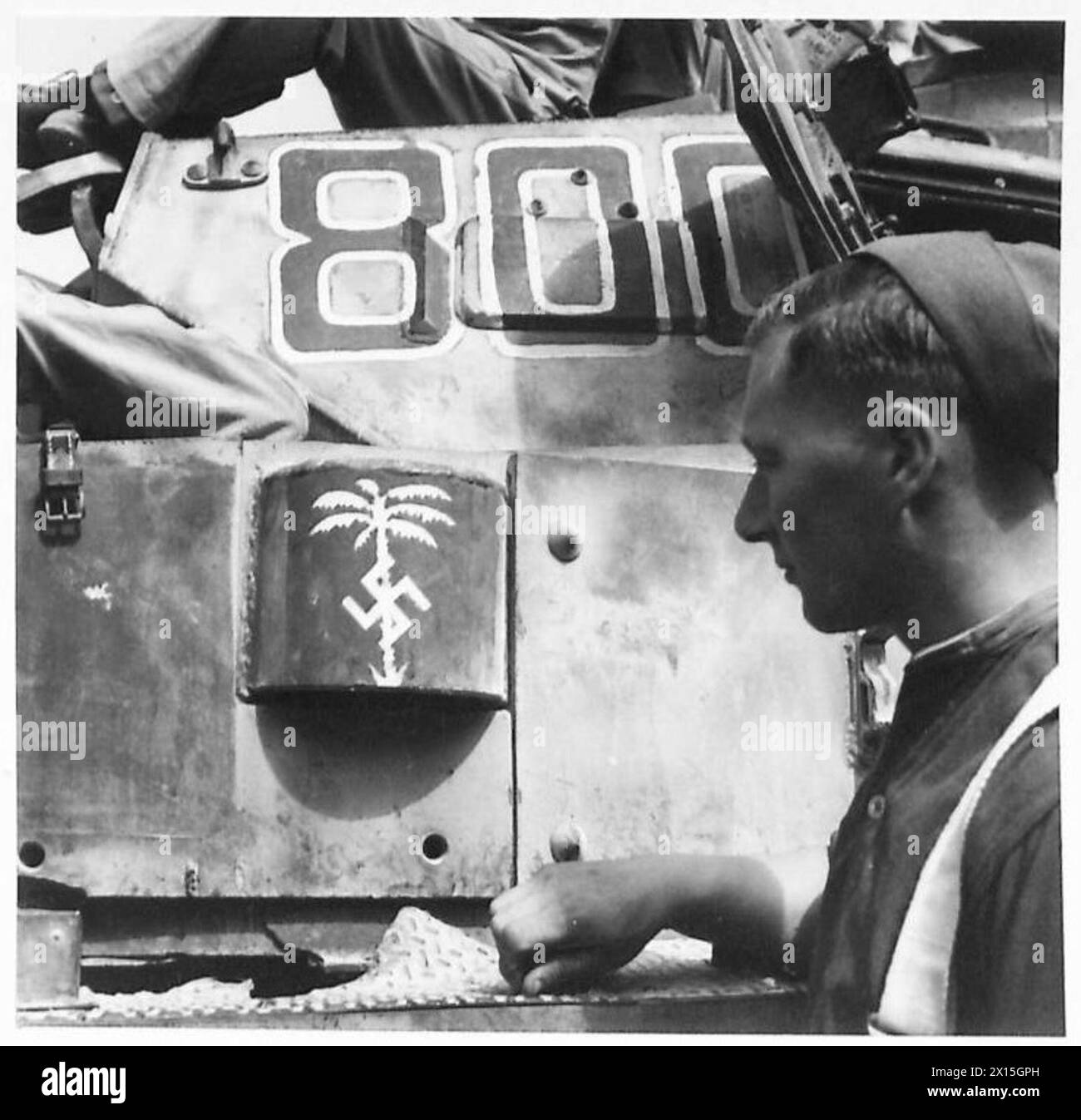 CAPTURED ENEMY TANKS - The Afrika Korps sign on a German tank , British Army Stock Photo