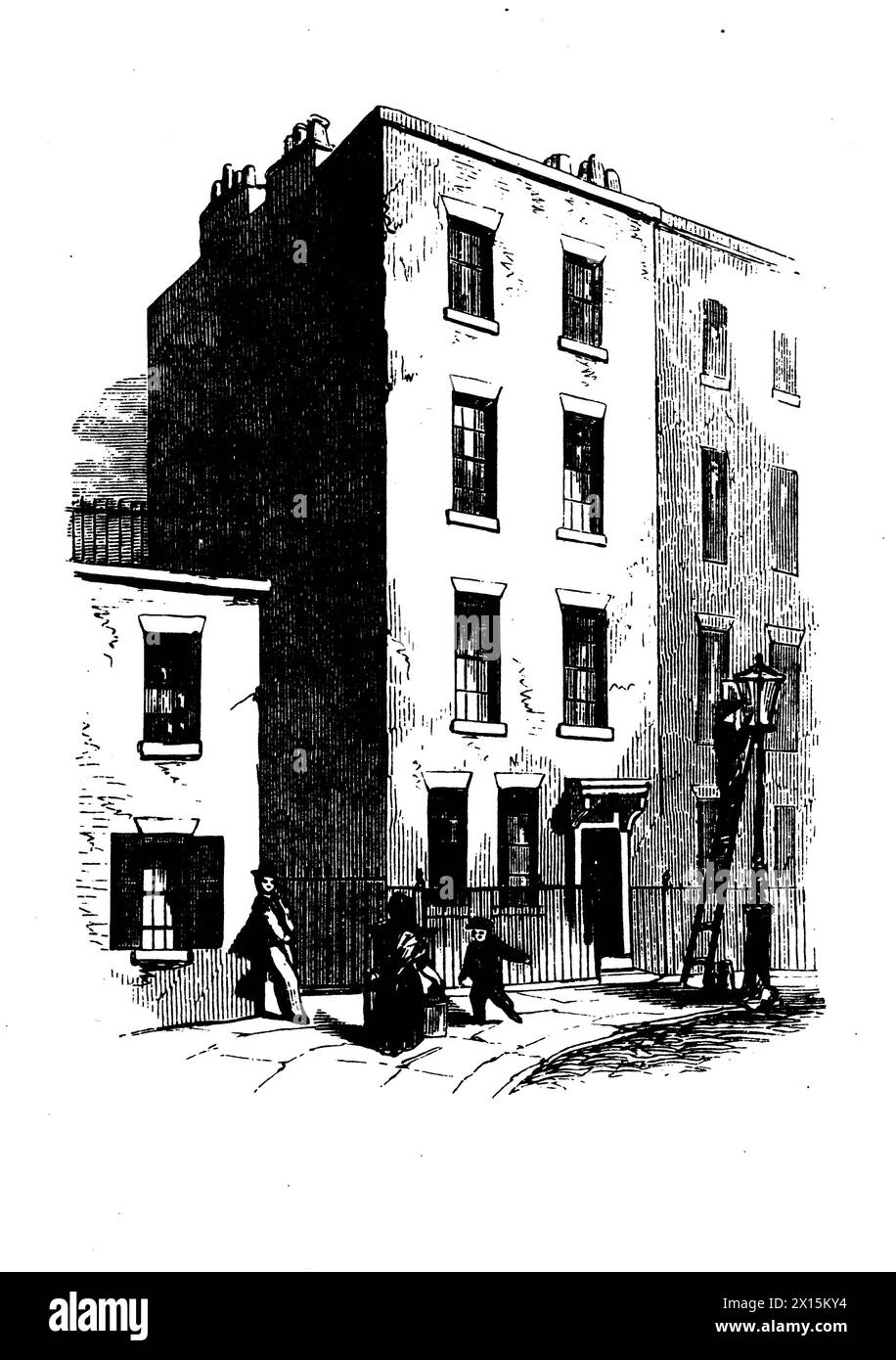 A historic 19th century illustration in black and white of a town house. Stock Photo